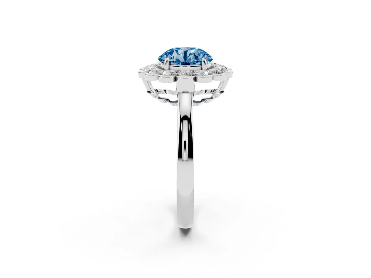 Fancy Blue Round Cut Halo Cluster Diamond Engagement Ring with Solitaire Band and Prong Setting Platinum