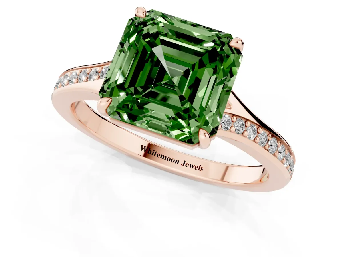 Fancy Green Asscher Cut Diamond Solitaire Ring with Pavé Band and Prong Setting Rose gold