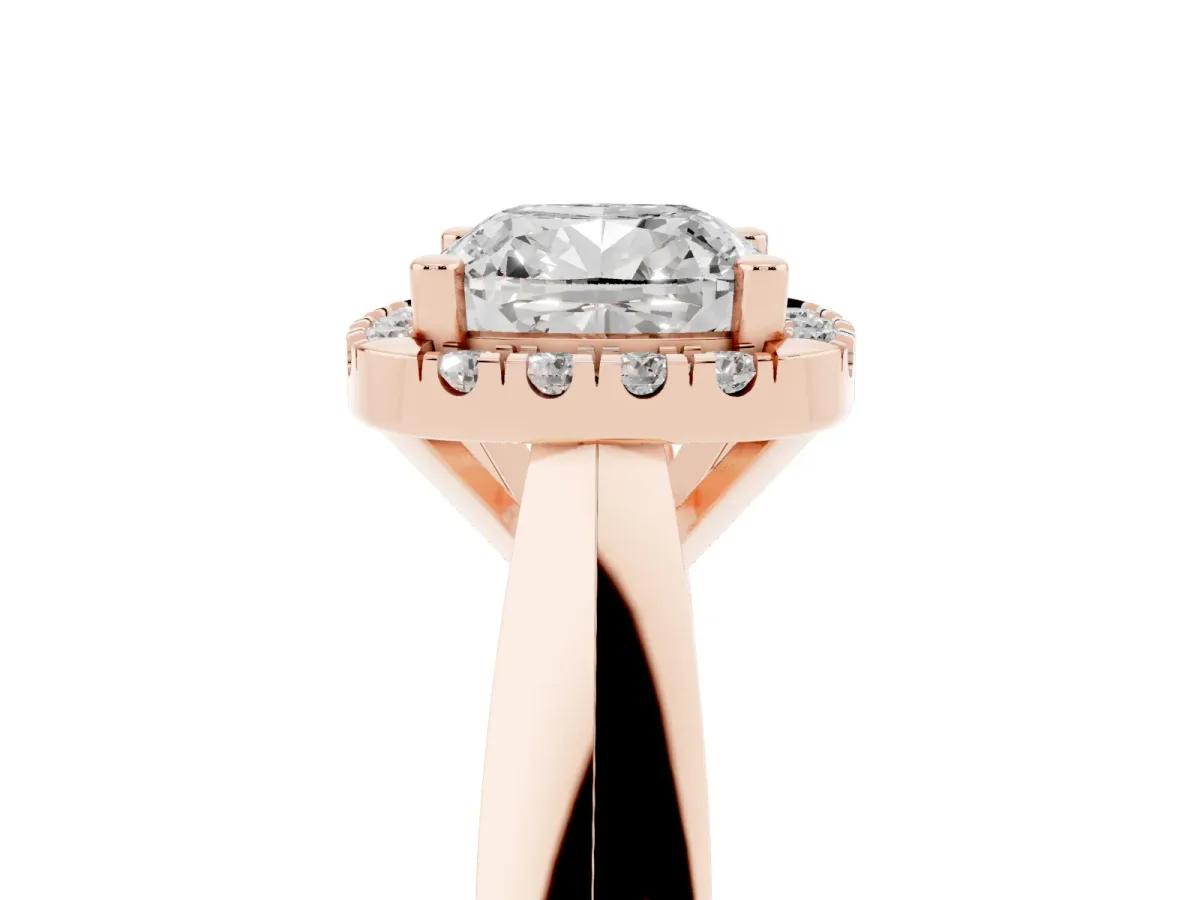 Cushion Cut Cut Halo Solitaire Engagement Ring with Square Band and Four-Prong Setting Rose gold