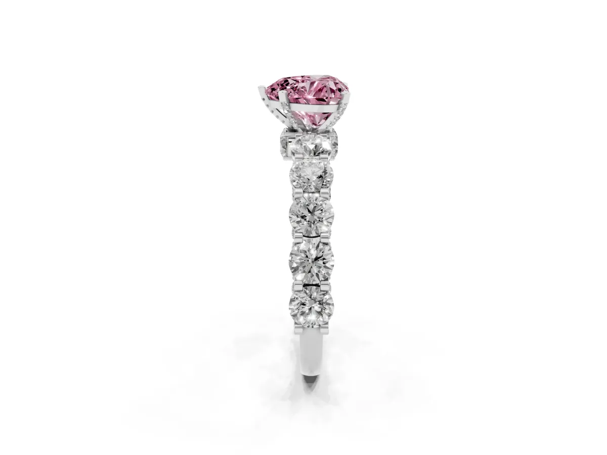 Fancy Pink Heart Cut Diamond Side Stone Engagement Ring with Four-Prong Setting Silver