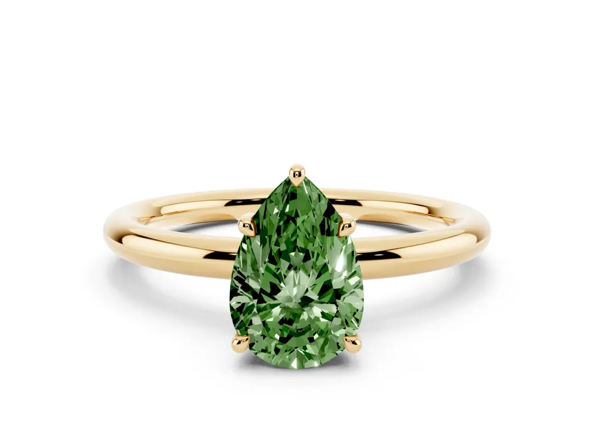 Fancy Green Pear Cut Diamond Solitaire Ring with Thin Band and Four-Prong Setting Yellow gold