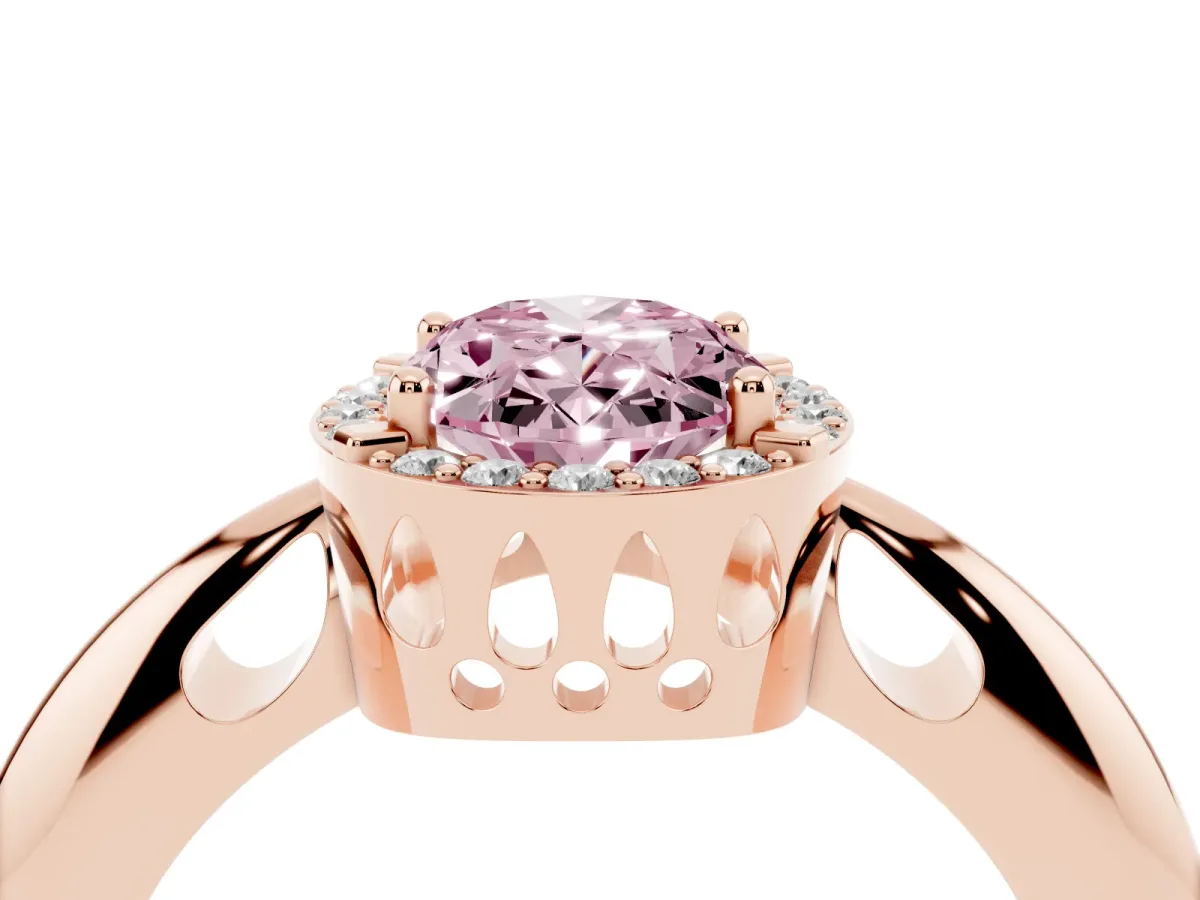 Fancy Pink Oval Cut Cut Diamond Halo Engagement Ring with Split Shank and Four-Prong Setting Rose gold
