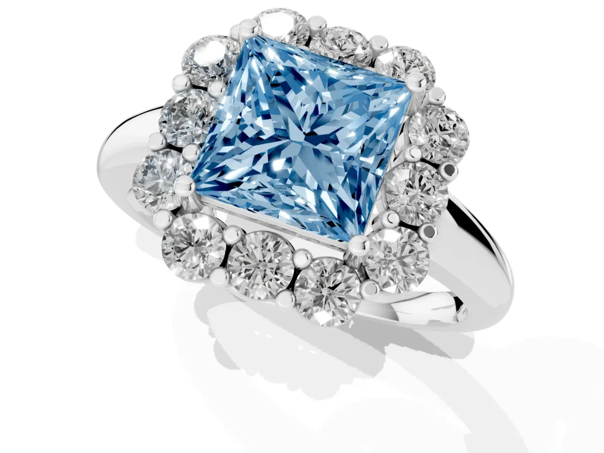 Fancy Blue Princess Cut Halo Milgrain Solitaire with Bezel Set Side Stones and Pave Band Platinum