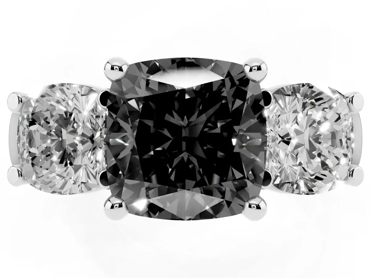 Fancy Black Three-Stone Cushion Cut Brilliant Diamond Trellis Ring with Comfort Fit Band Silver