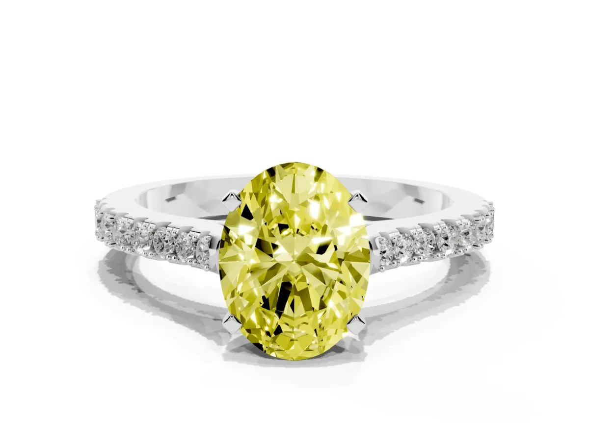 Fancy Yellow Oval Cut Cut Solitaire Diamond Engagement Ring with Pave Band and Four-Prong Setting Platinum