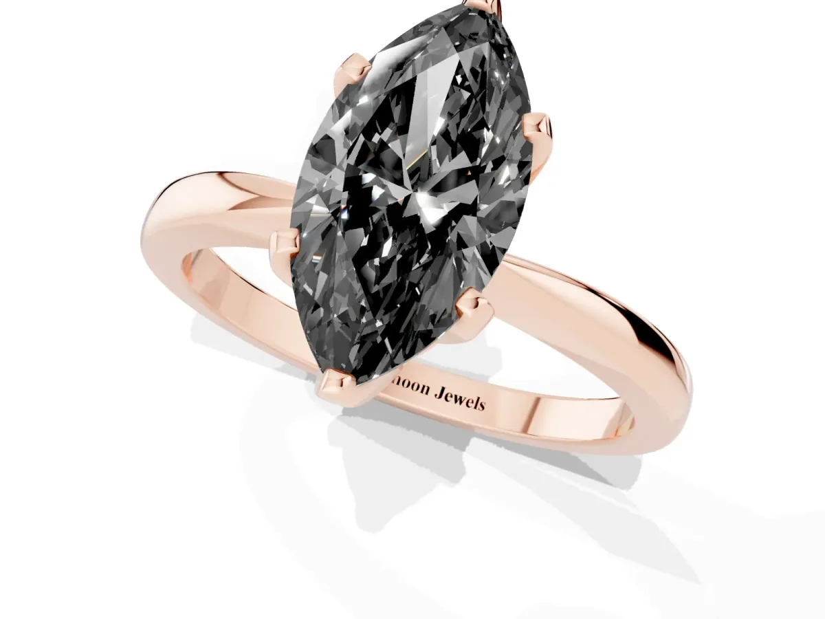 Fancy Black Marquise Cut Solitaire Engagement Ring with Six-Prong Setting and Tapered Band Rose gold