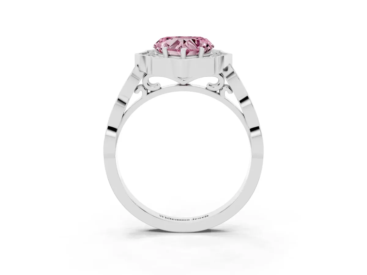 Fancy Pink Heart Cut Halo Diamond Engagement Ring with Milgrain Band and Four-Prong Setting Platinum