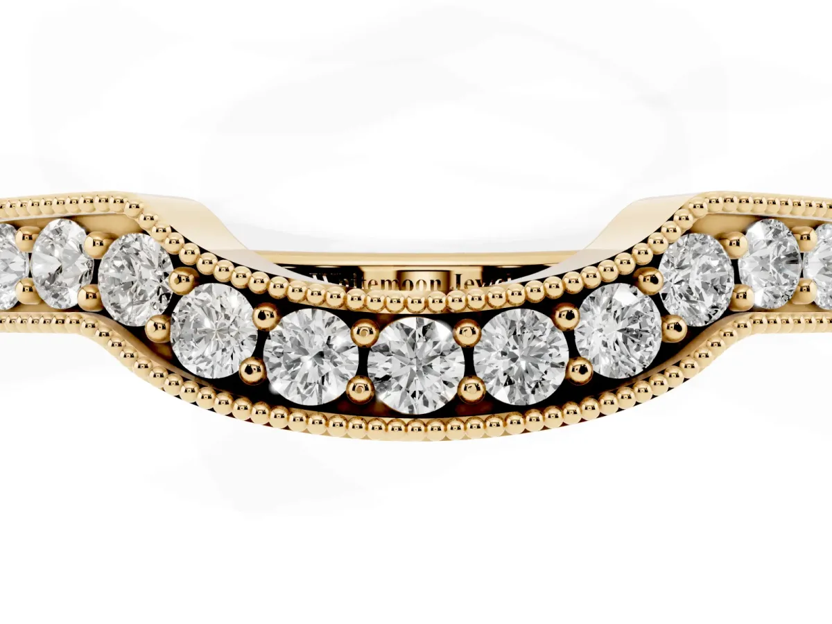 Curved Round Diamond Band with Milgrain Pavé Setting Yellow gold