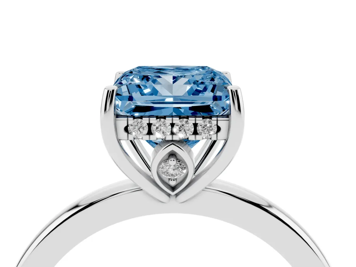 Fancy Blue Princess Cut Solitaire Diamond Ring with Prong Setting and Plain Band Silver