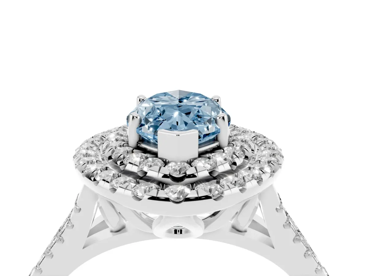 Fancy Blue Double Halo Marquise Cut Diamond Pavé Split Shank Ring with Prong Setting Platinum