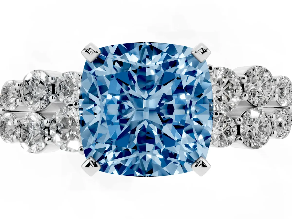 Fancy Blue Cushion Cut Cluster Diamond Engagement Ring with Pavé Band and Four-Prong Setting White gold