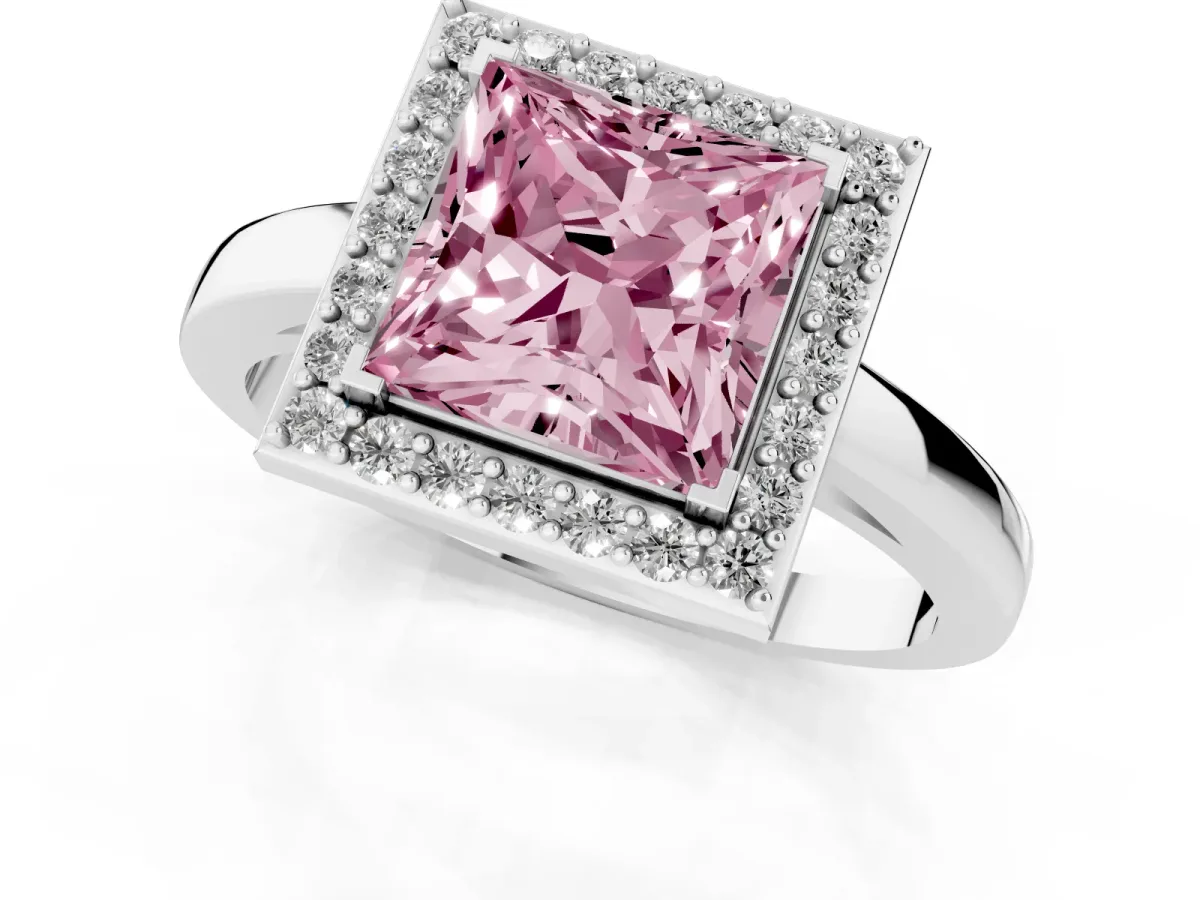 Fancy Pink Princess Cut Halo Diamond Ring with Solitaire Band and Prong Setting Platinum