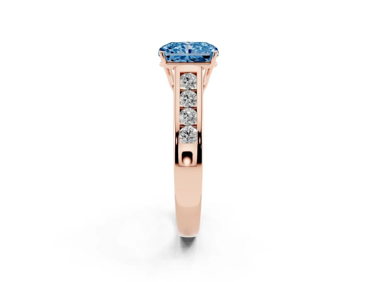 Fancy Blue Radiant Cut Solitaire Channel-Set Diamond Engagement Ring with Four-Prong Setting Rose gold