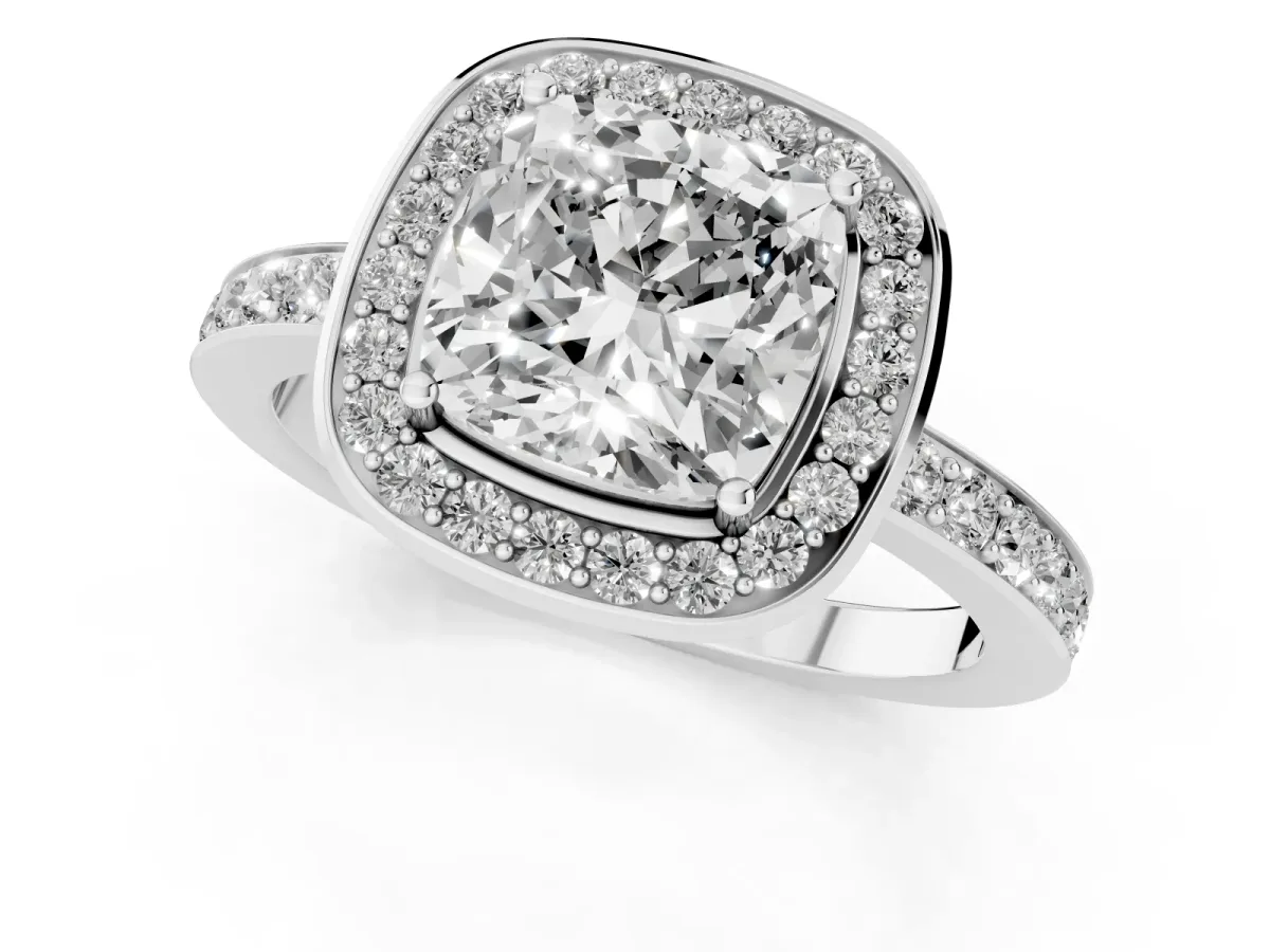 Cushion Cut Diamond Halo Ring with Bezel Frame and Pavé Band Silver