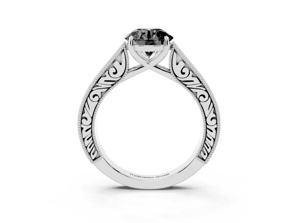 Fancy Black Round Cut Cut Pave Band Milgrain Solitaire Ring Silver