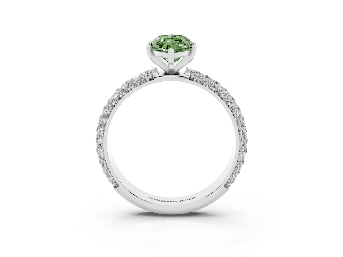 Fancy Green Marquise Cut Diamond Solitaire Ring with Prong Setting and Pavé Band Silver