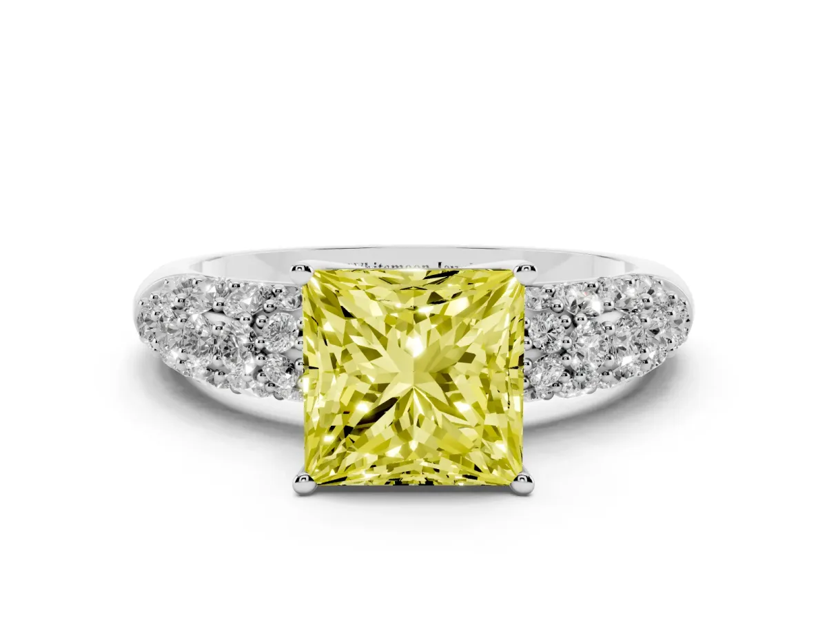 Fancy Yellow Princess Cut Diamond Pavé Band Solitaire Ring with Four-Prong Setting Platinum
