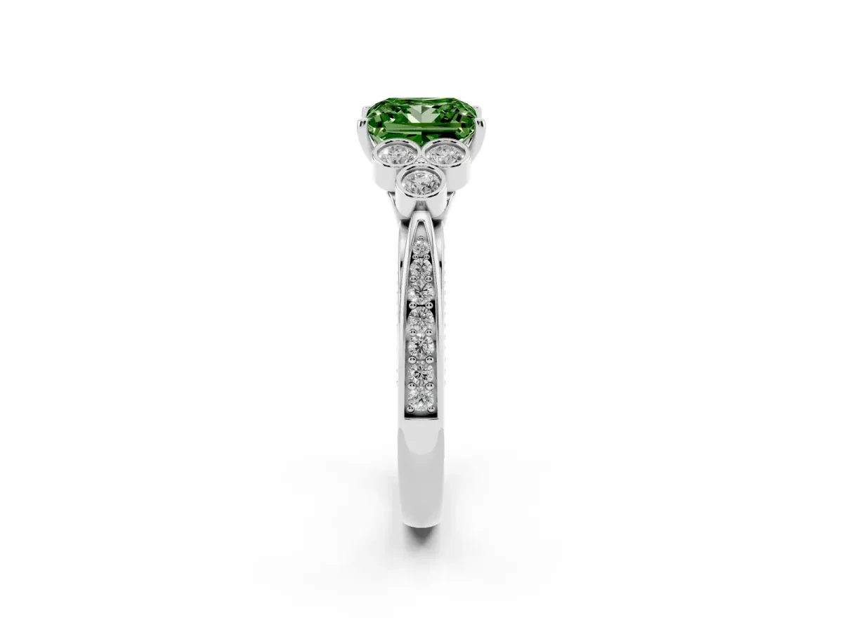 Fancy Green Princess Cut Cut Diamond Engagement Ring with Bezel Set Round Side Stones and Prong Setting Silver