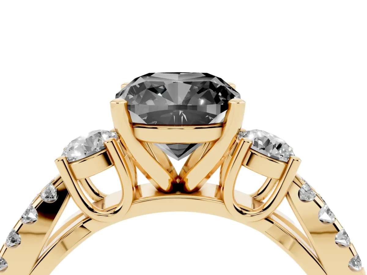 Fancy Black Cushion Cut Diamond Three-Stone Ring with Pavé Split Shank and Four-Prong Setting Yellow gold