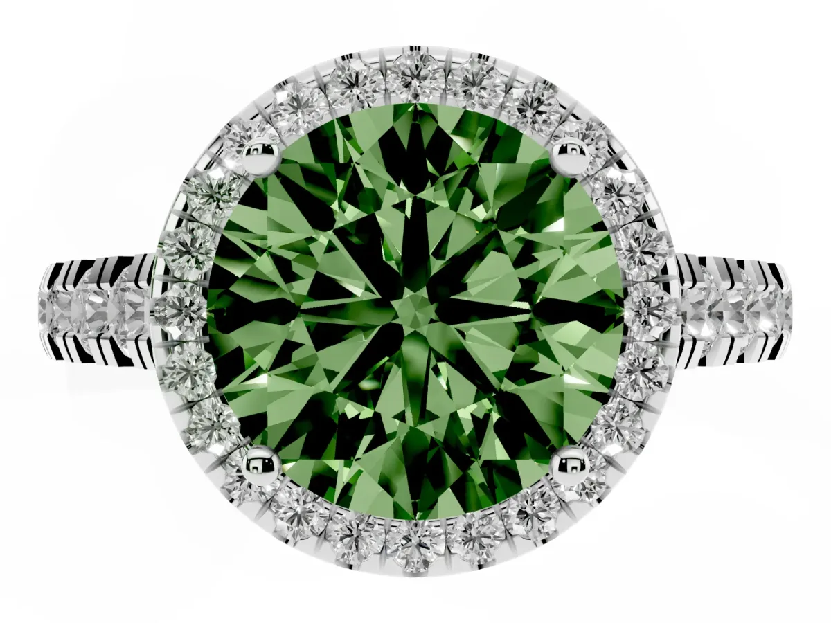 Fancy Green Round Cut Halo Pavé Diamond Engagement Ring with Four-Prong Setting Silver