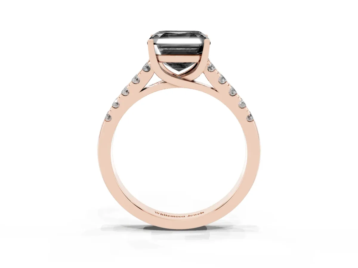 Fancy Black Asscher Cut Diamond Pavé Band Solitaire Ring with Prong Setting Rose gold