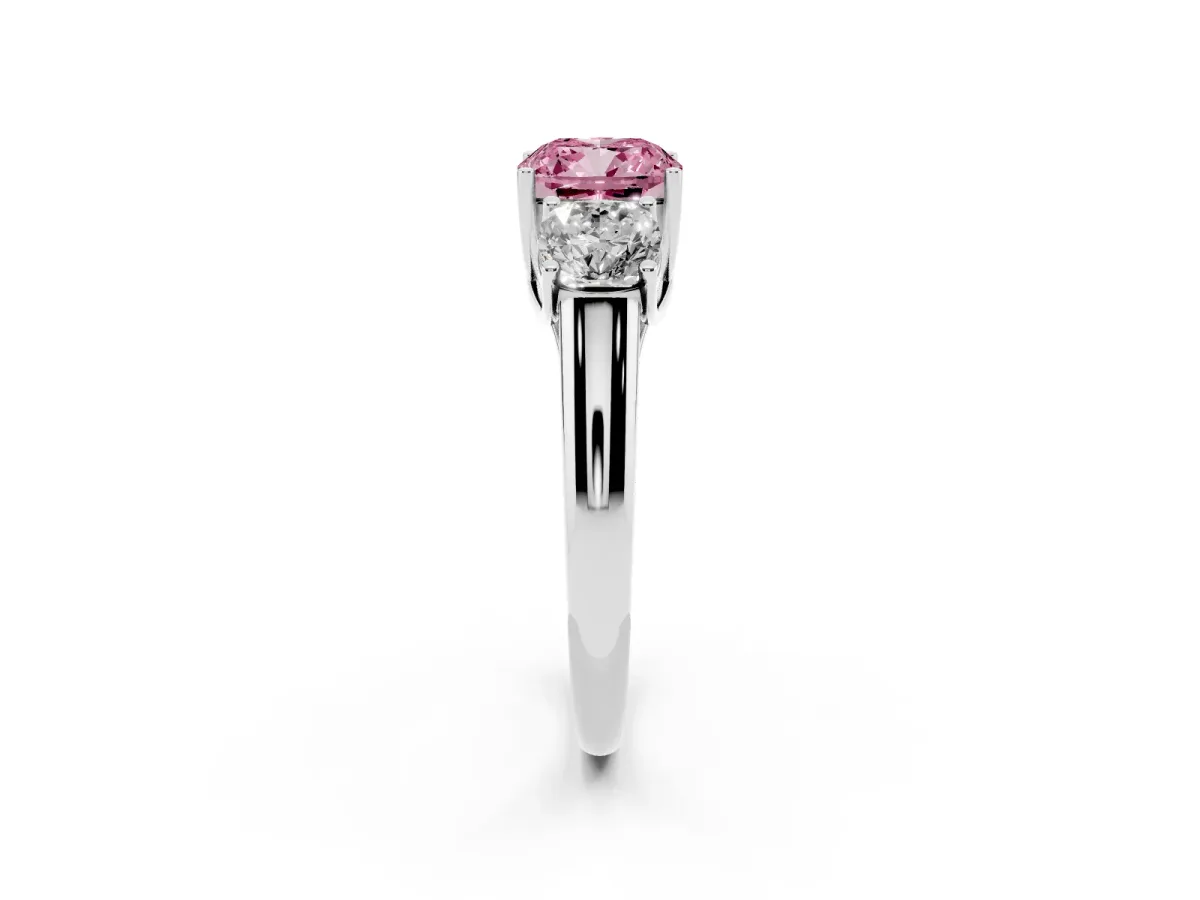 Fancy Pink Three-Stone Cushion Cut Diamond Engagement Ring with Prong Setting Platinum