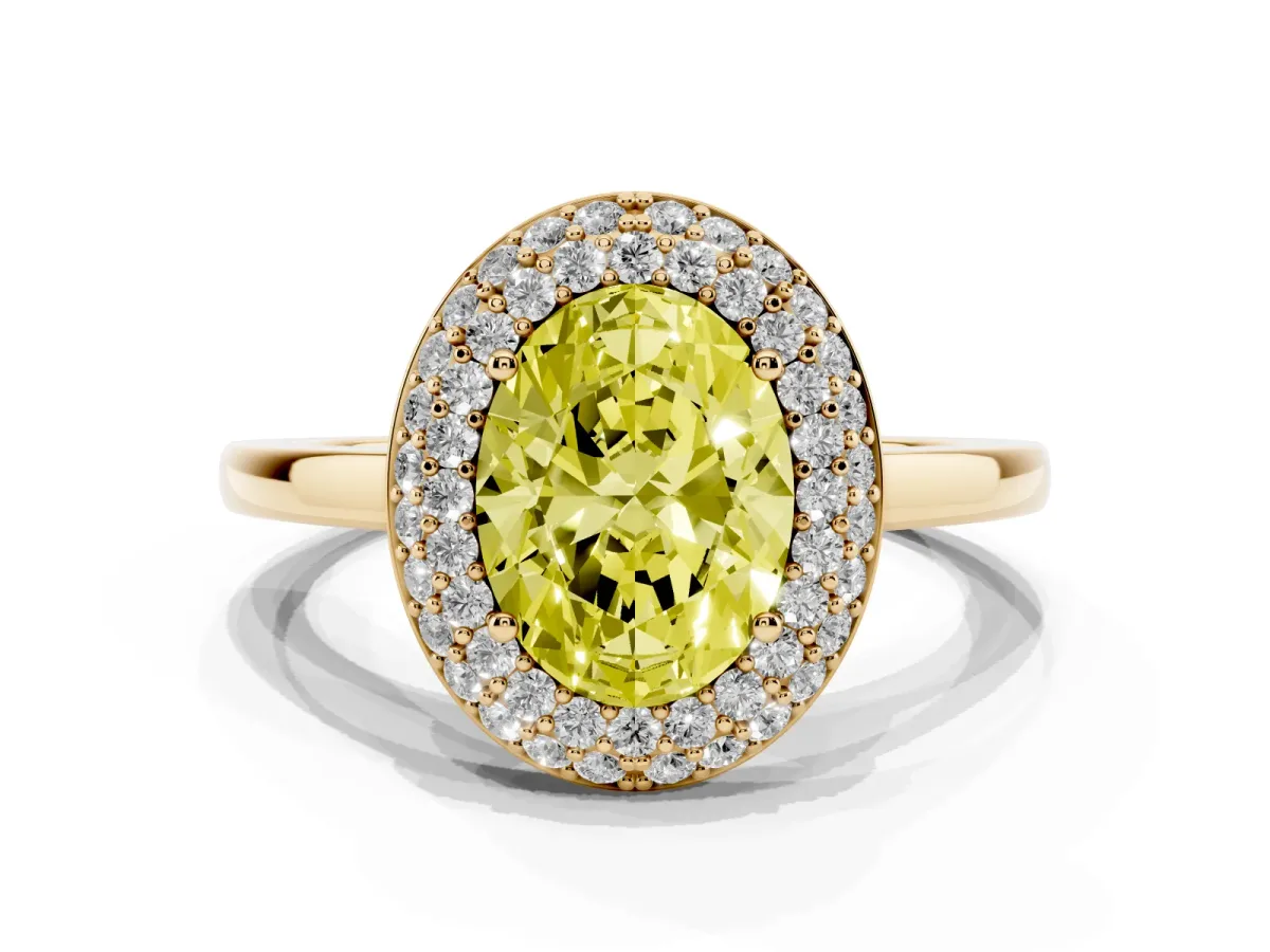 Fancy Yellow Oval Cut Halo Diamond Engagement Ring with Solitaire Band and Four-Prong Setting Yellow gold