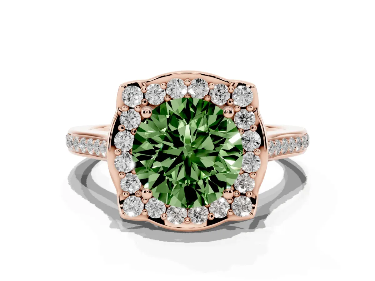 Fancy Green Round Cut Halo Round Diamond Pave Band with Four-Prong Setting Rose gold