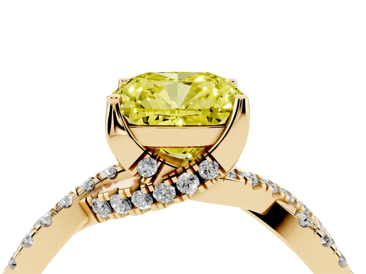 Fancy Yellow Cushion Cut Solitaire Twist Pave Diamond Engagement Ring with Prong Setting Yellow gold