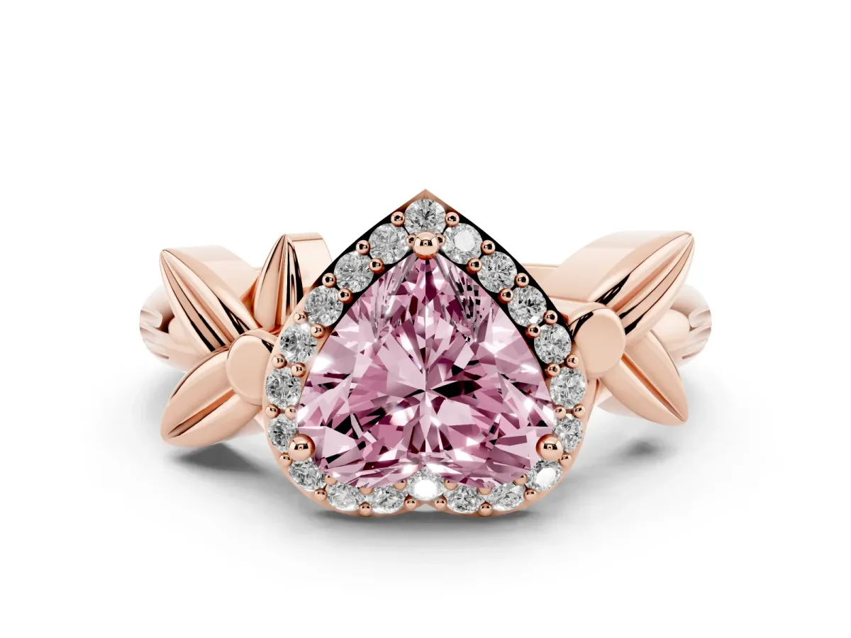 Fancy Pink Heart Cut Halo Diamond Floral Band with Four-Prong Setting Rose gold