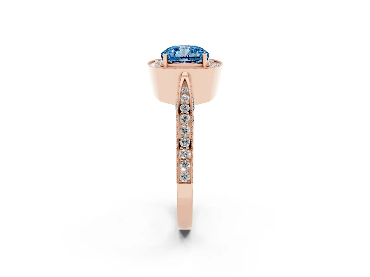 Fancy Blue Cushion Cut Halo Diamond Engagement Ring with Split Shank Band and Four-Prong Setting Rose gold