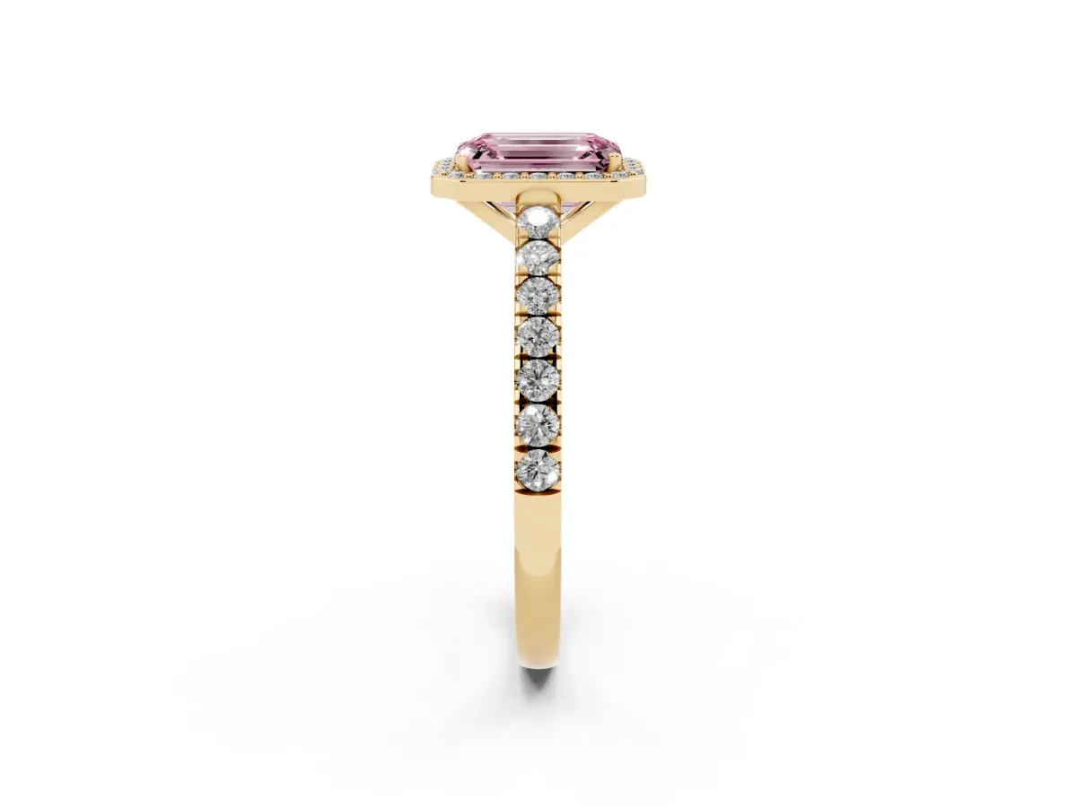 Fancy Pink Emerald Cut Cut Halo Diamond Engagement Ring with Pave Band and Four-Prong Setting Yellow gold