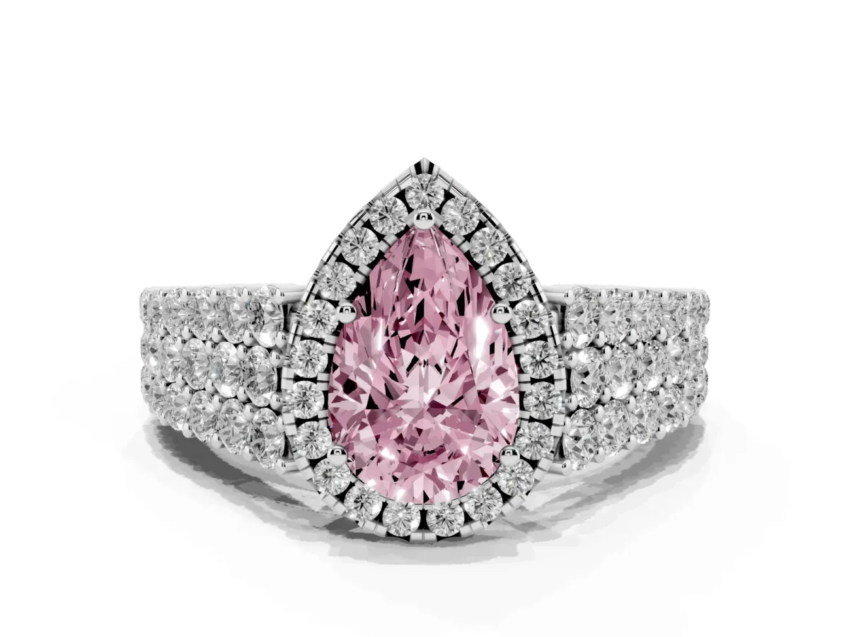 Fancy Pink Pear Cut Diamond Halo Engagement Ring with Triple Row Round Pavé Band and Prong Setting Silver