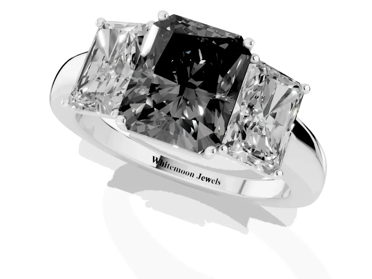 Fancy Black Radiant Cut Diamond Three-Stone Ring with Four-Prong Setting and Classic Band Silver