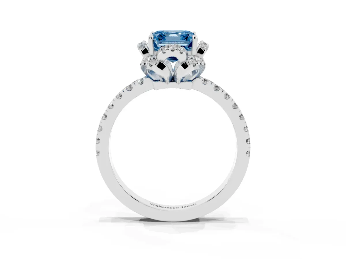 Fancy Blue Asscher Cut Halo Diamond Pave Band Ring with Four-Prong Setting Silver