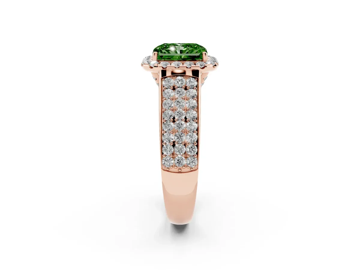 Fancy Green Radiant Cut Halo Round Diamond Pave Band with Prong Setting Rose gold