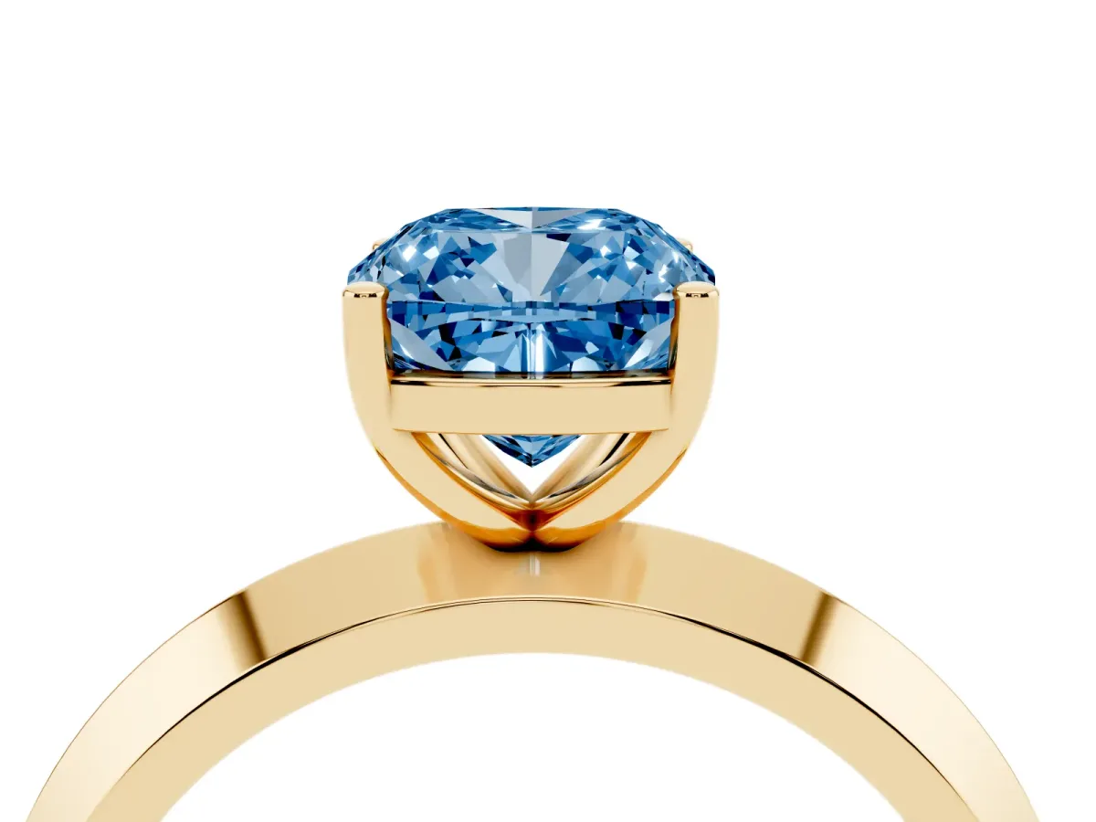 Fancy Blue Cushion Cut Cut Solitaire Engagement Ring with Flat Band and Four-Prong Setting Yellow gold
