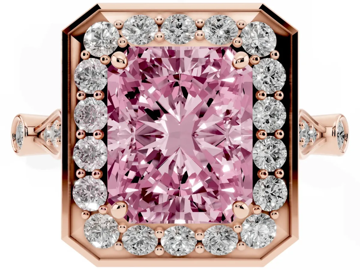 Fancy Pink Radiant Cut Halo Diamond Engagement Ring with Twisted Band and Four-Prong Setting Rose gold