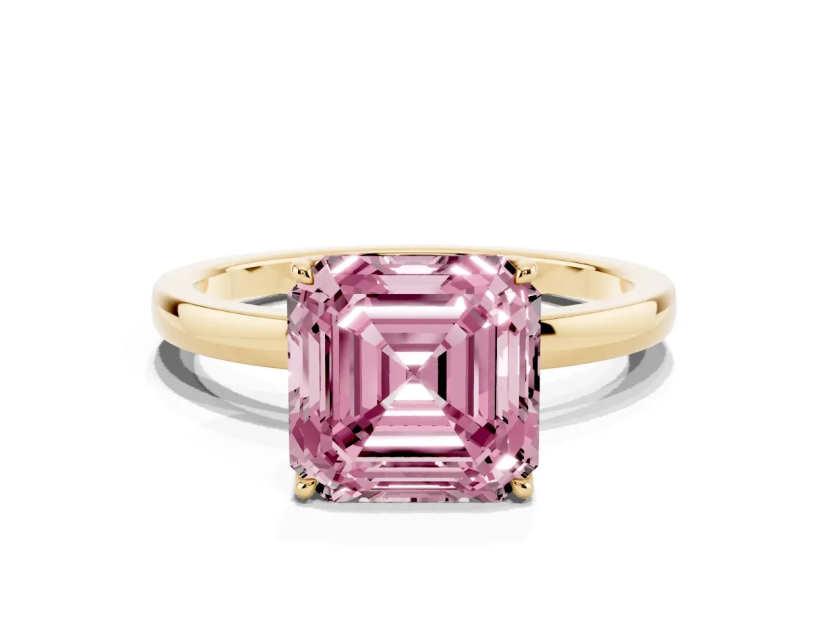 Fancy Pink Asscher Cut Diamond Solitaire Ring with Thin Band and Prong Setting Yellow gold