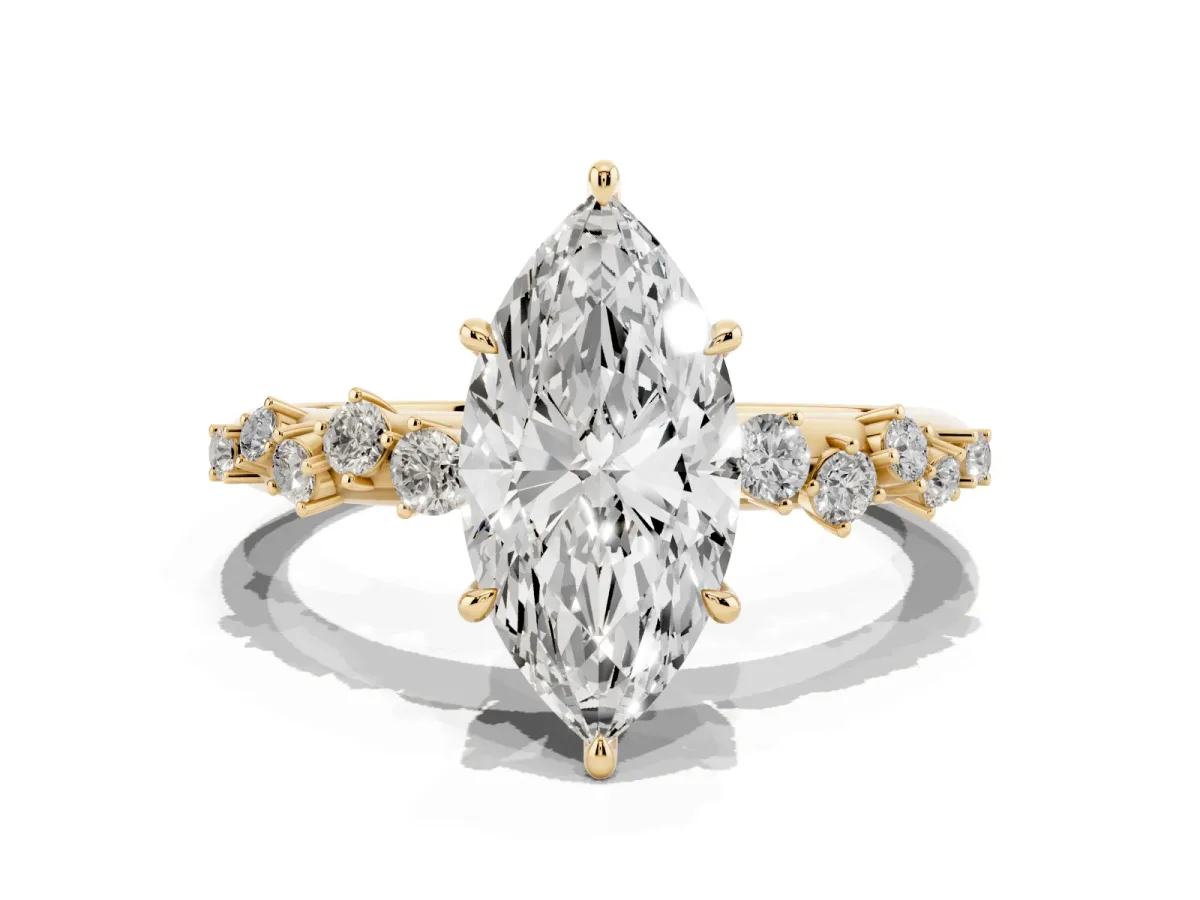 Marquise Cut Diamond Cluster Side Stone Solitaire Ring with Prong Setting Yellow gold