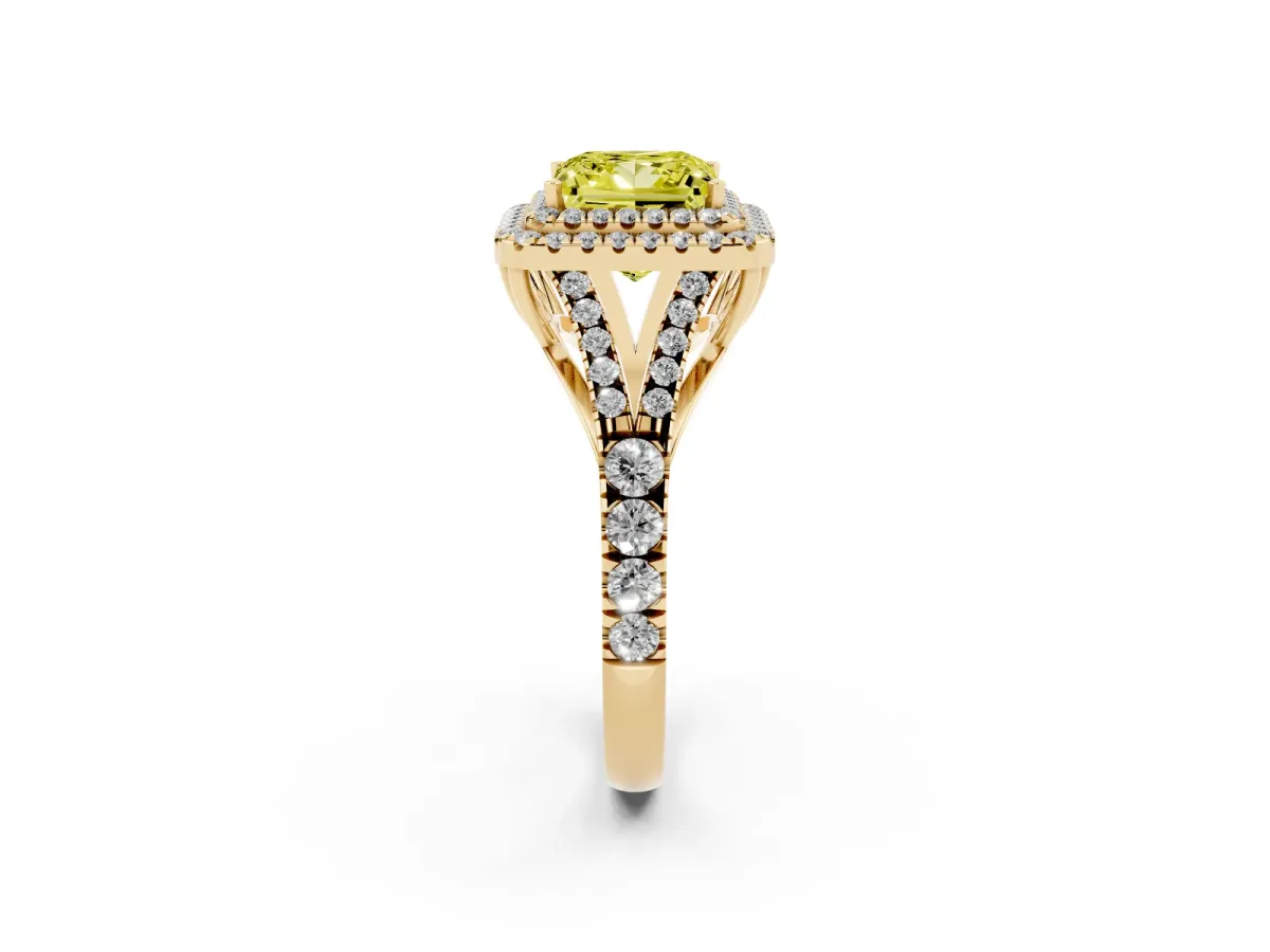 Fancy Yellow Princess Cut Diamond Pavé Split Shank Double Halo Engagement Ring Yellow gold