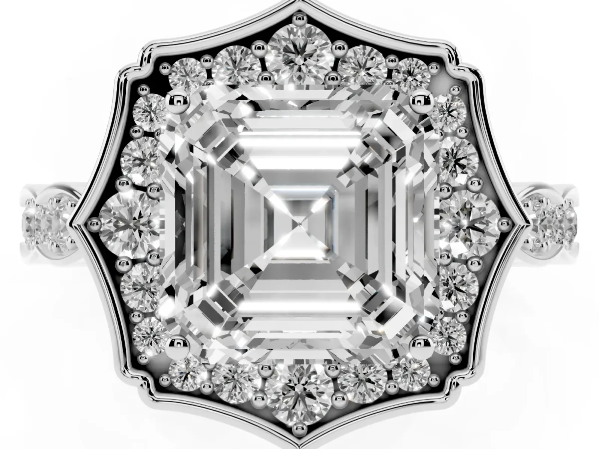 Asscher Cut Halo Diamond Engagement Ring with Milgrain Band and Four-Prong Setting Silver