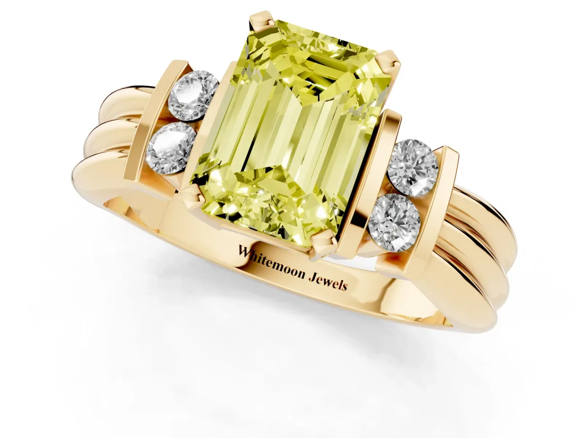 Fancy Yellow Emerald Cut Cut Three-Stone Channel Set Ring with Bar Prongs Yellow gold