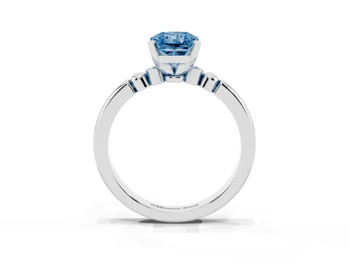 Fancy Blue Radiant Cut Solitaire Beaded Band with Four-Prong Setting White gold