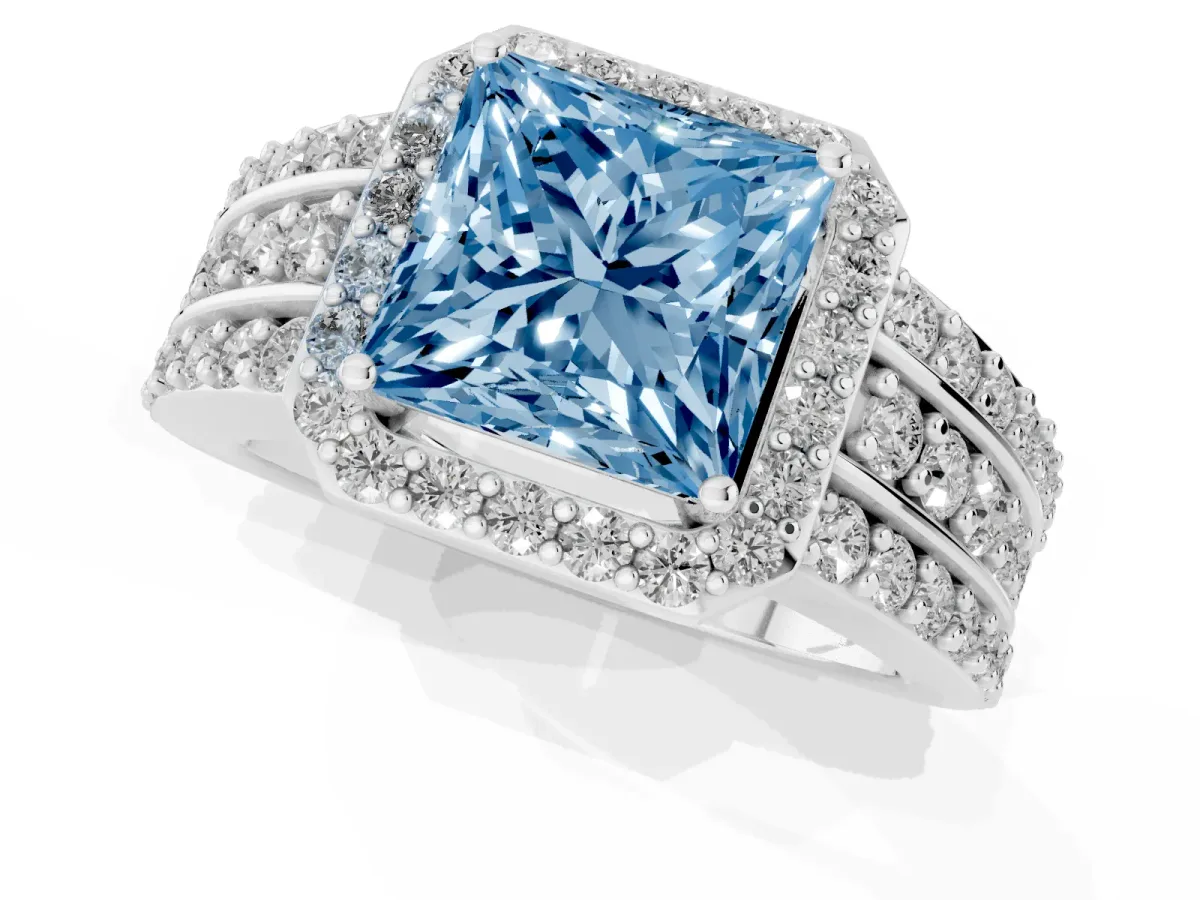 Fancy Blue Princess Cut Halo Diamond Ring with Round Split Shank and Prong Setting Silver