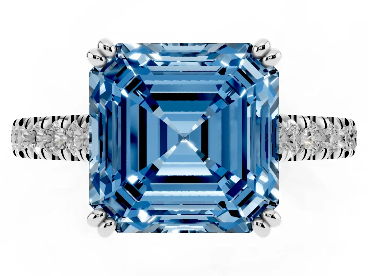 Fancy Blue Asscher Cut Solitaire Pave Diamond Engagement Ring with Prong Setting Silver