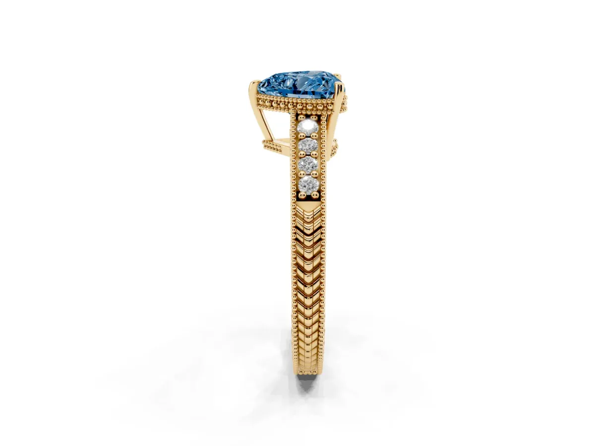 Fancy Blue Heart Cut Solitaire Pavé Diamond Milgrain Engagement Ring with Four-Prong Setting Yellow gold