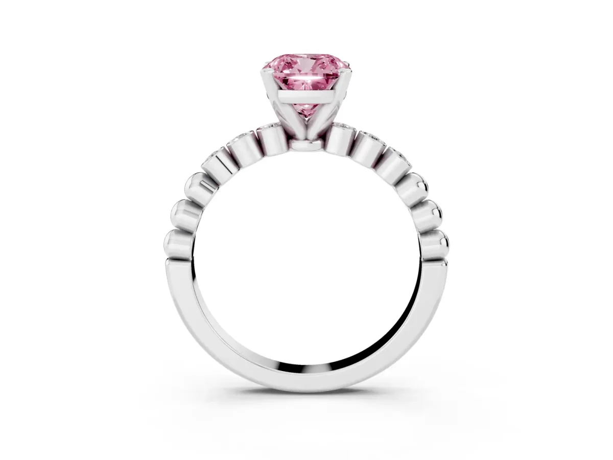 Fancy Pink Cushion Cut Solitaire Bezel Accent Diamond Engagement Ring with Beaded Band and Four-Prong Setting Platinum