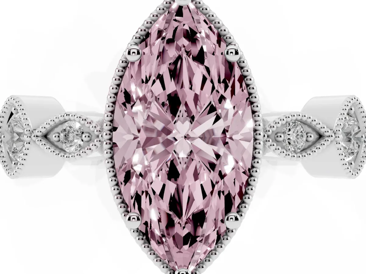Fancy Pink Marquise Cut Diamond Vintage Milgrain Ring with Round Stations Silver