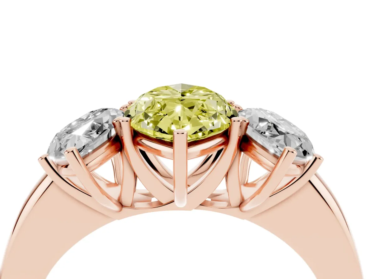 Fancy Yellow Marquise Cut Diamond Three-Stone Ring with Four-Prong Setting and Classic Band Rose gold